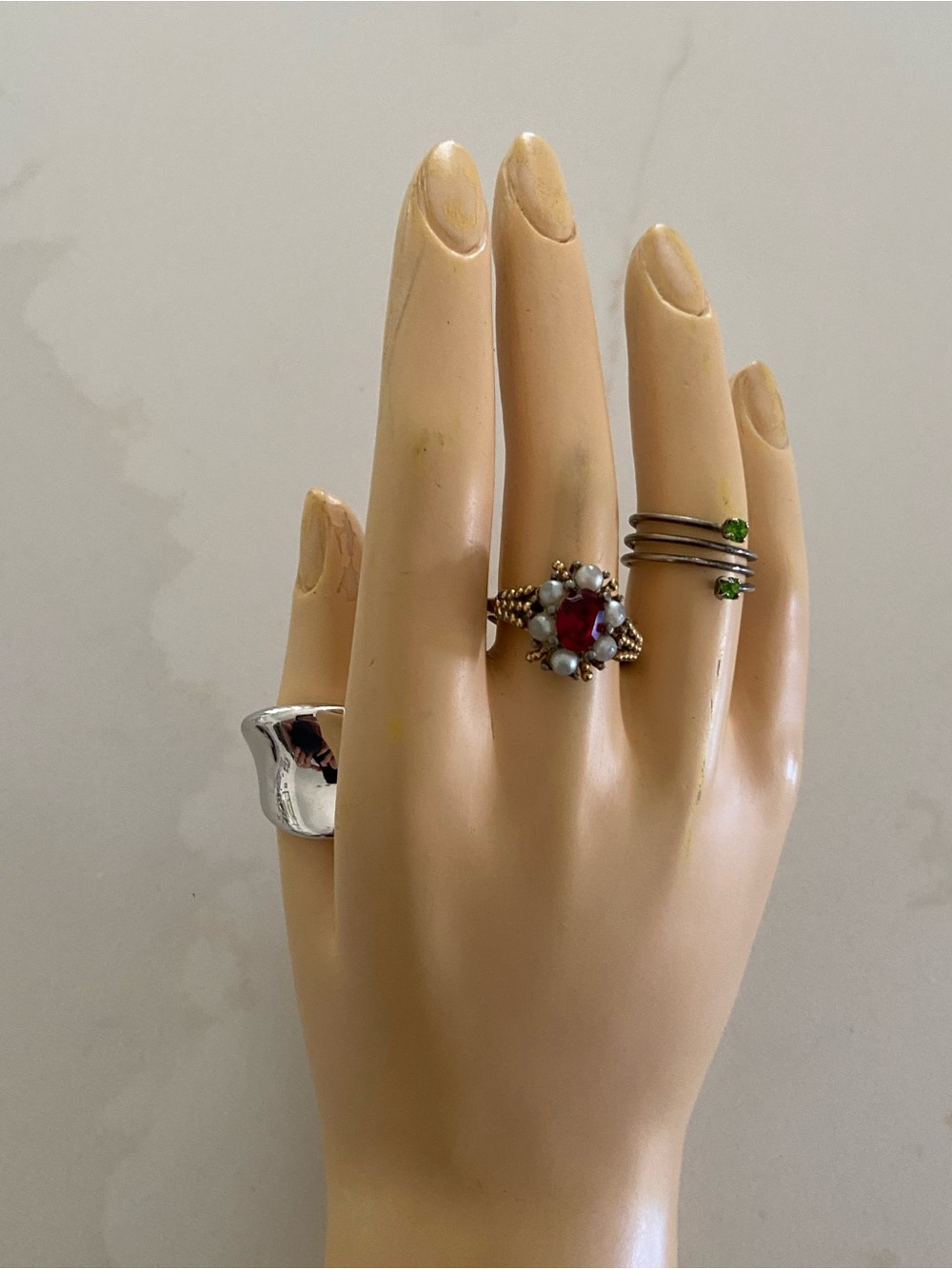 Gold Tone Ring with Red Center Gem and Pearl Accents - Women Jewelry